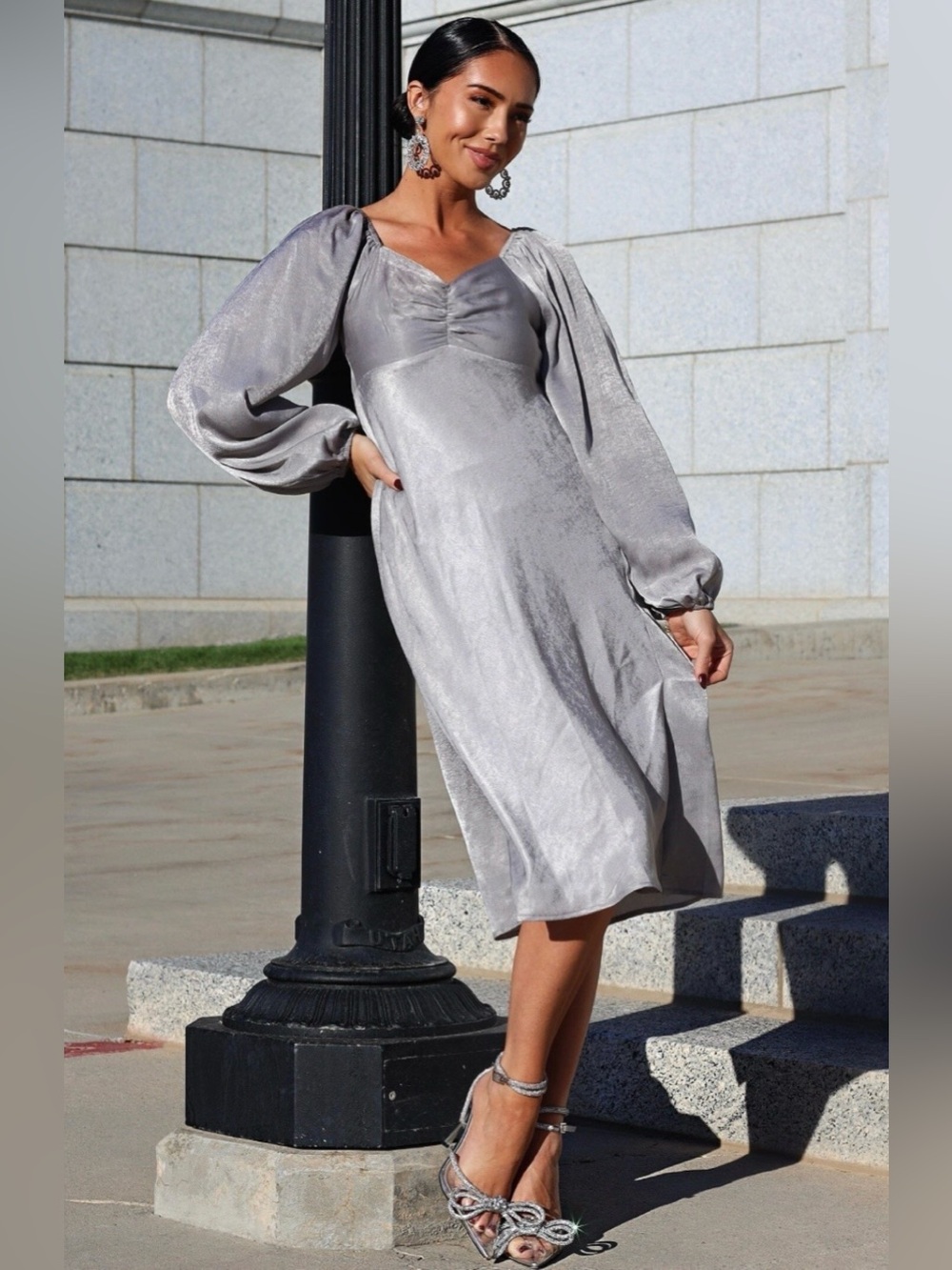 Mikarose Silver Metallic Satin Midi Dress with Bishop Sleeves
